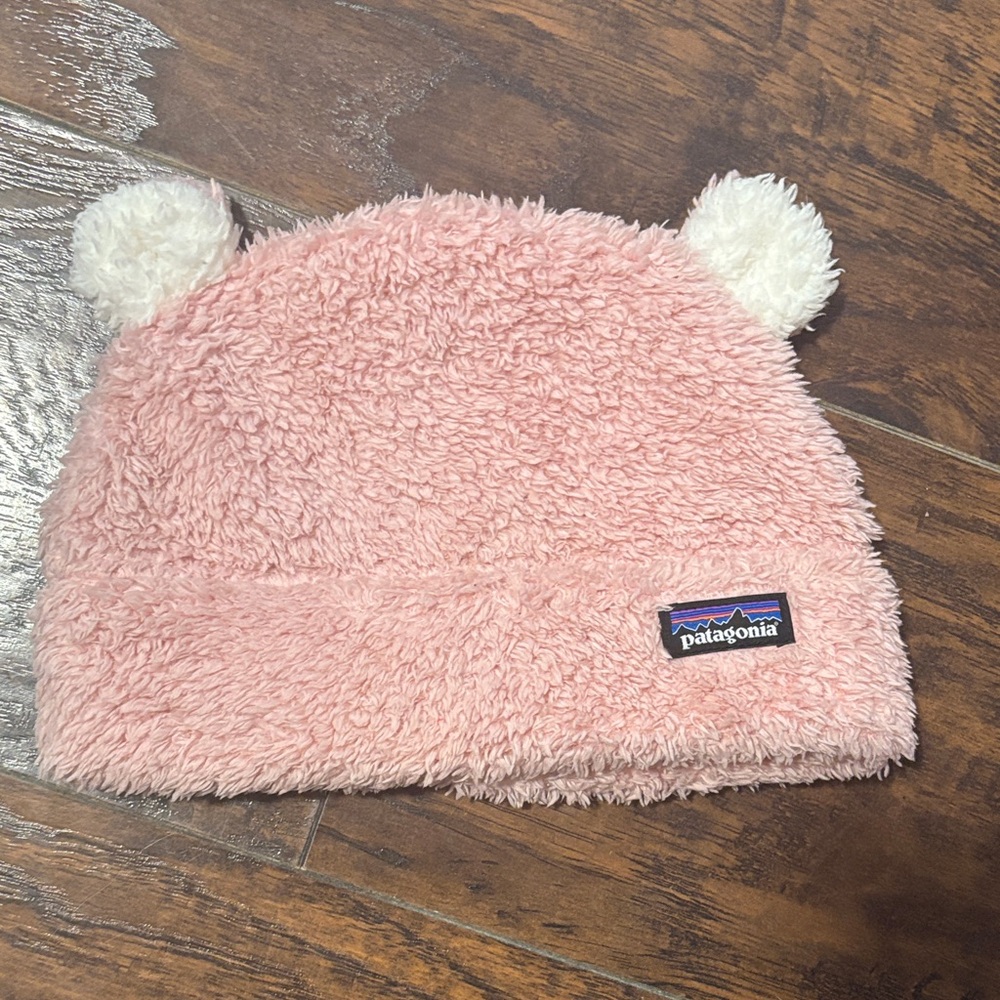 Patagonia Soft Pink Beanie with White Pom Poms